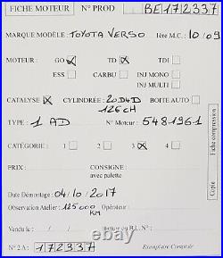 Moteur Toyota Verso / Avensis 2.0D4D 126ch type 1AD-FTV après 2009 125 000kms